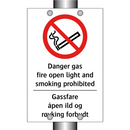 Gas danger fire open light and smoking prohibited Gassfare åpen ild og røyking forbudt