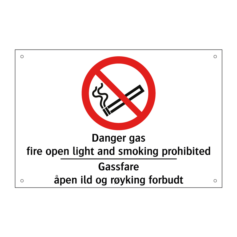 Gas danger fire open light and smoking prohibited Gassfare åpen ild og røyking forbudt