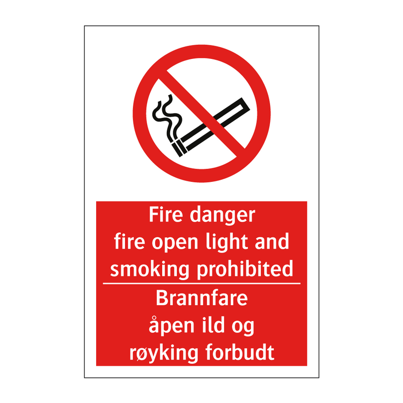 Fire danger fire open light and smoking prohibited Brannfare åpen ild og røyking forbudt